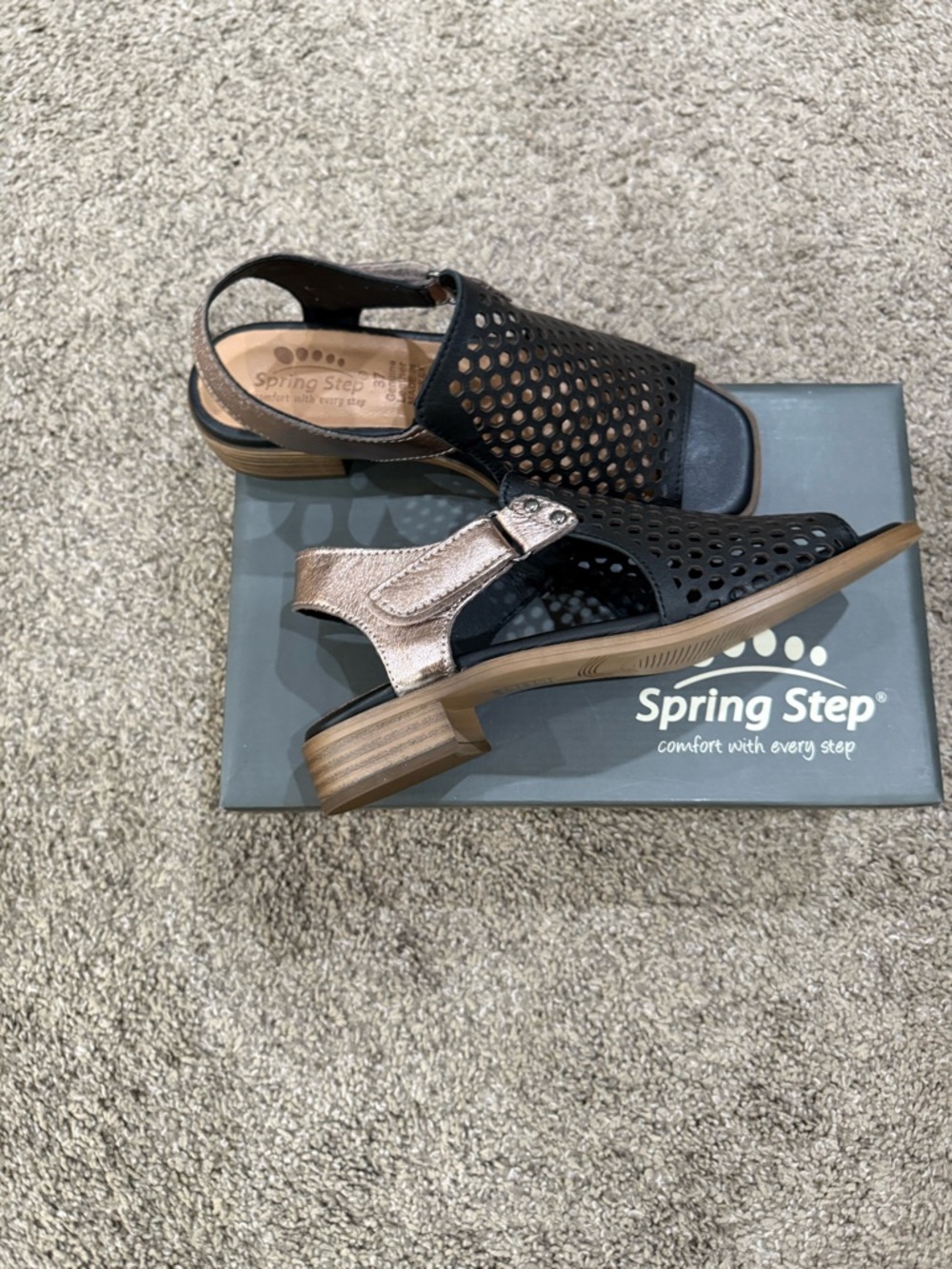 Spring Step Black Perforated Slingback Open-Toe Sandals - Picture 2 of 4